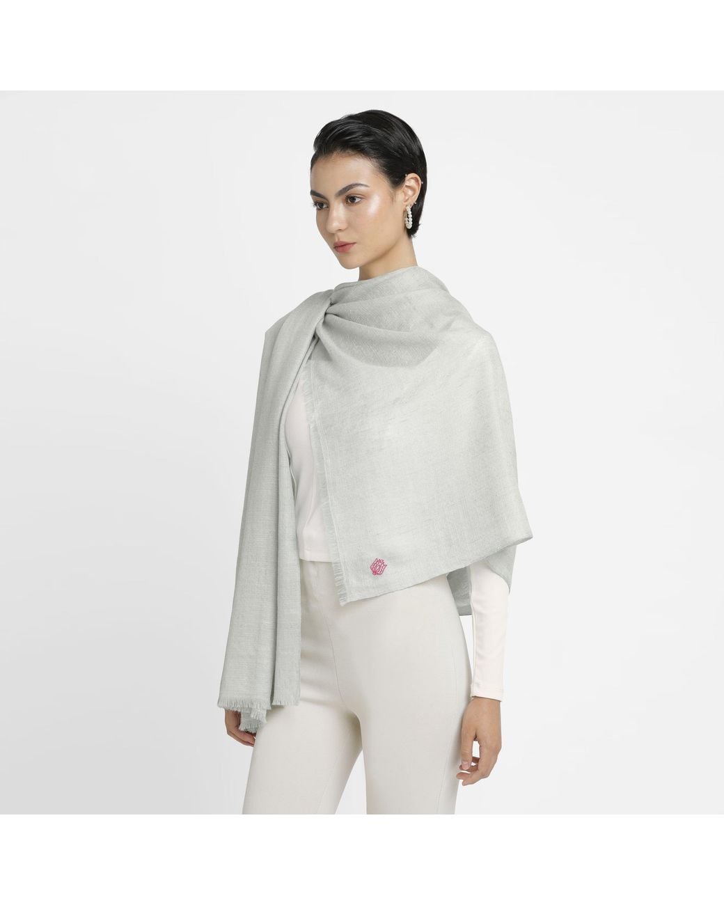 Pink Maharani White Cashmere Shiny Double Weave Stole