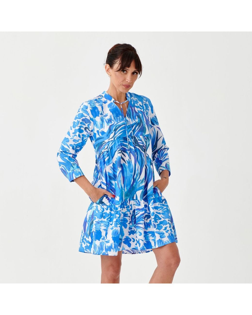 Perlavera Blue May Waves Printed Quarter Sleeve Length Mini Dress