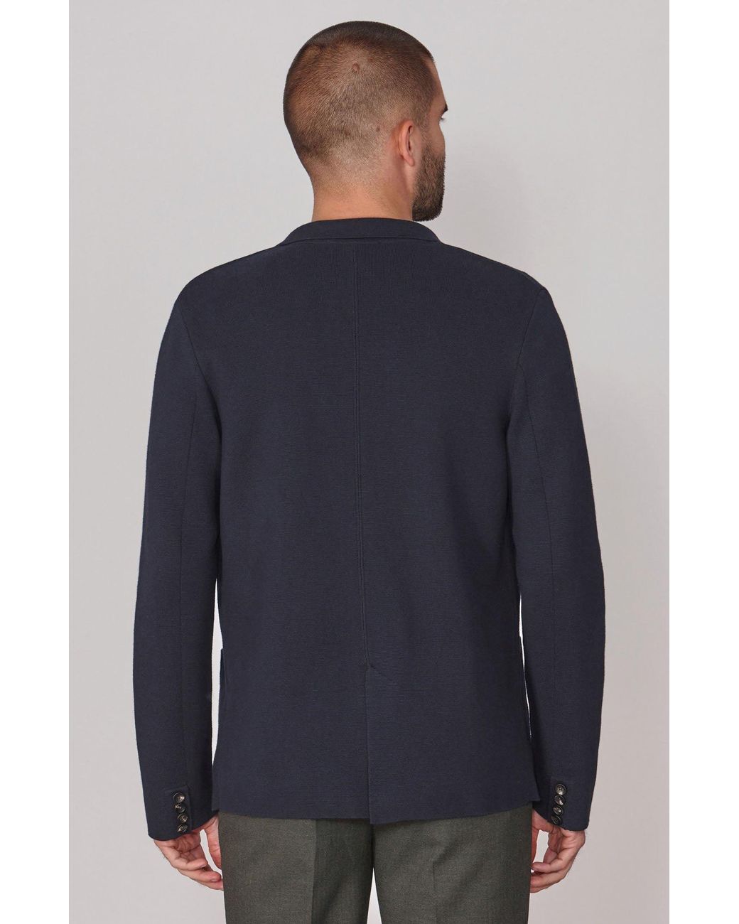Paul James Knitwear Blue Lightweight Cotton Cornelius Formal Knitted Blazer for men