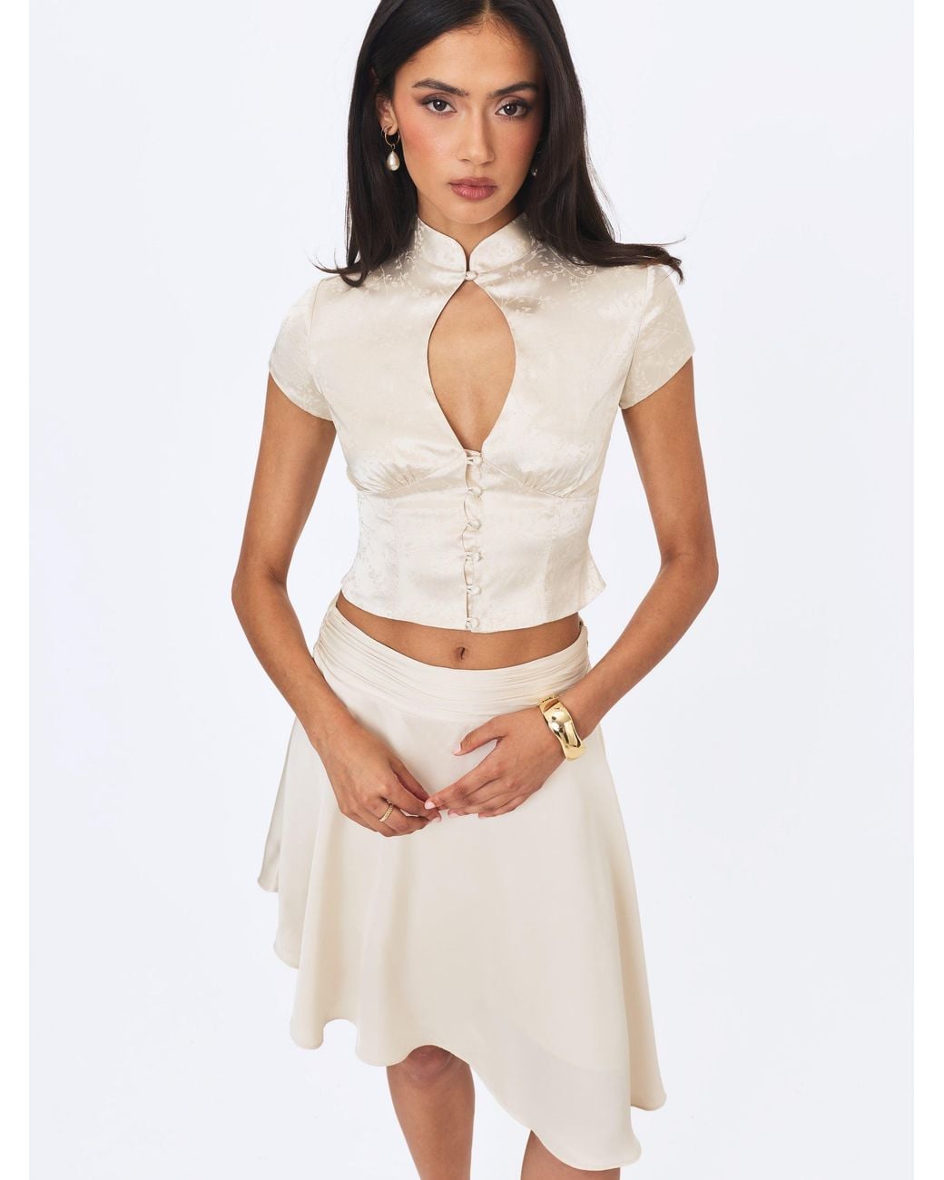 Miss Circle New York White Galilea Ivory Floral Jacquard Keyhole Mandarin Collar Top