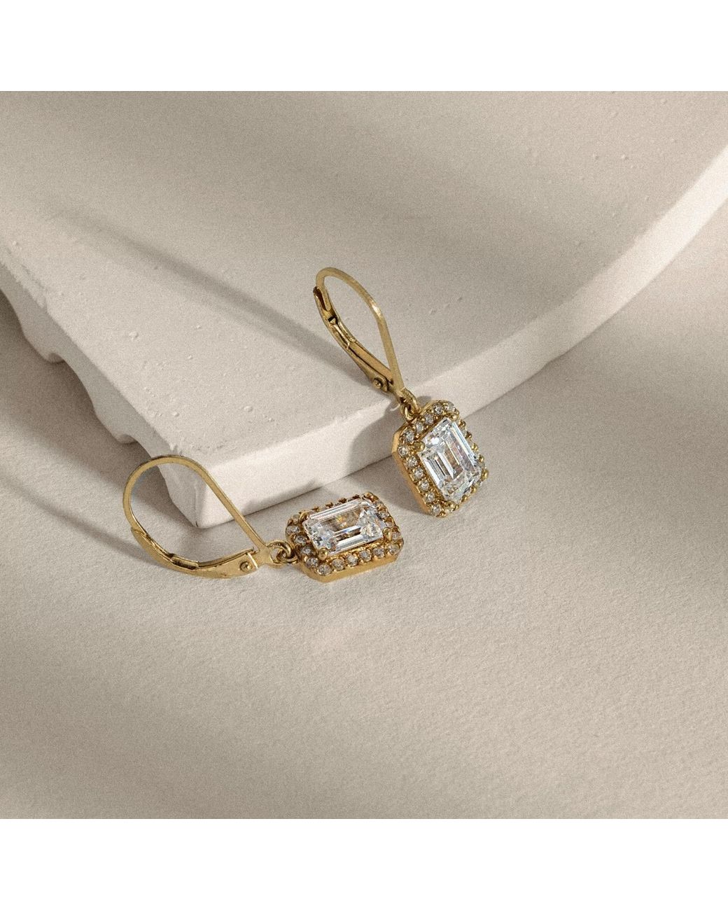 Diamonbliss Metallic Emerald Cut Halo Leverback Earrings, Two Carats