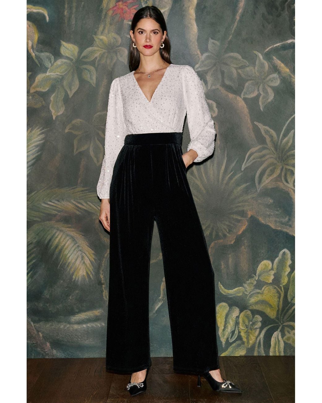 Yumi' Black Ivory Embellished Pearl Sequin Velvet Jumpsuit