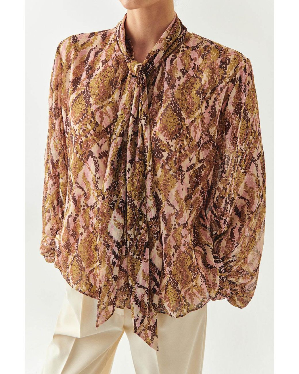 Exquise Natural Regular Scarf Neck Patterned Sariyah Blouse