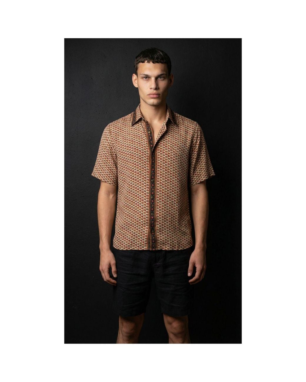 Monzlapur New York Brown Embossed Botanic Short Sleeve Crepe Shirt for men
