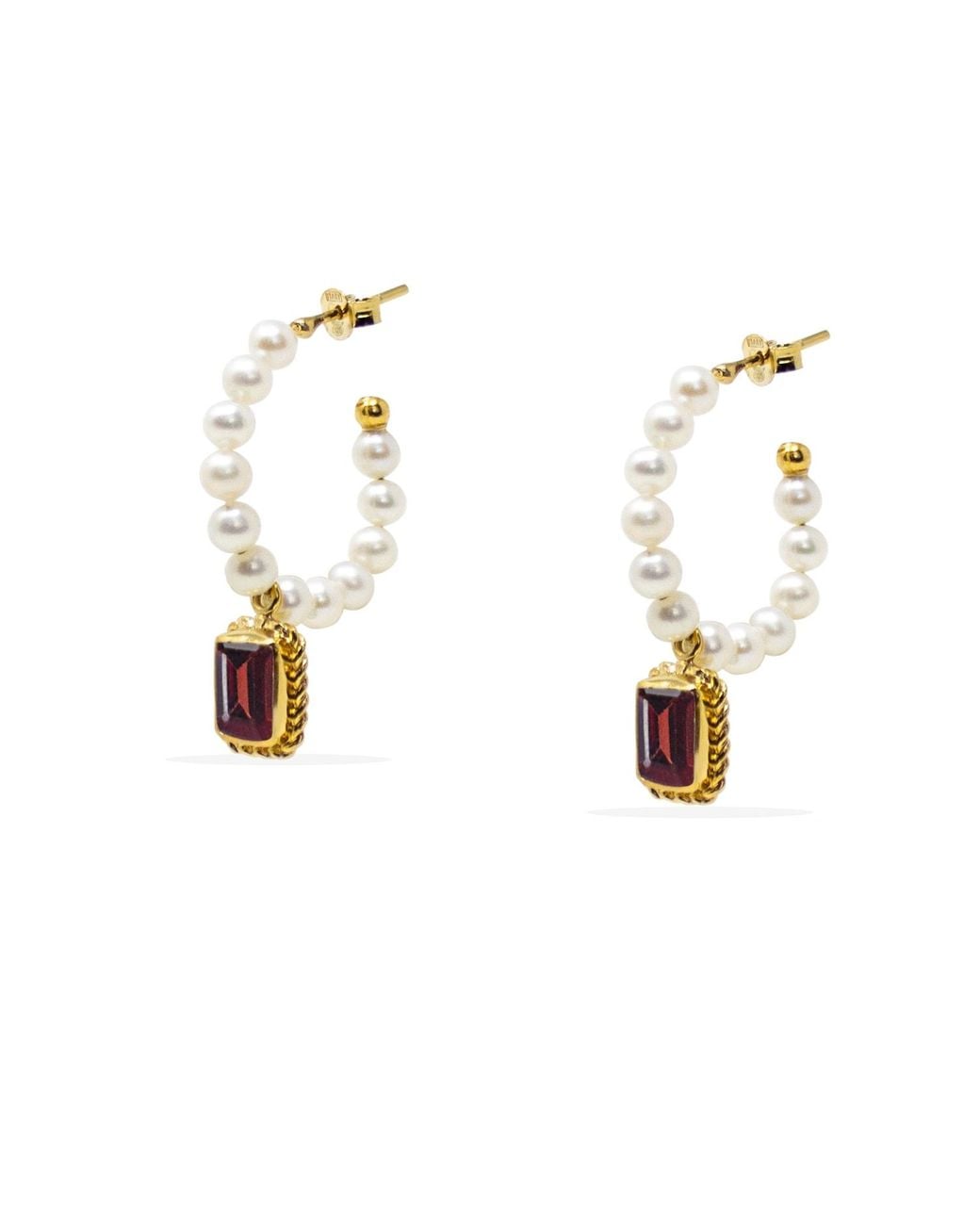 Vintouch Italy Metallic Luccichio Garnet And Pearl Hoop Earrings