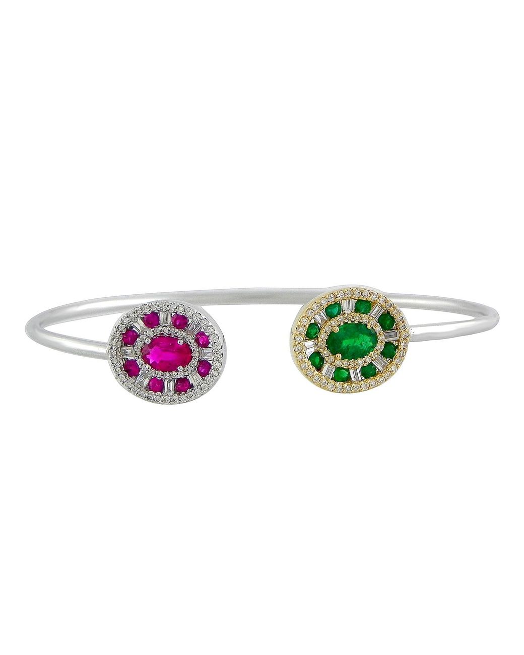 Artisan Green Baguette Ruby & Emerald Pave Diamond Cuff Bracelet