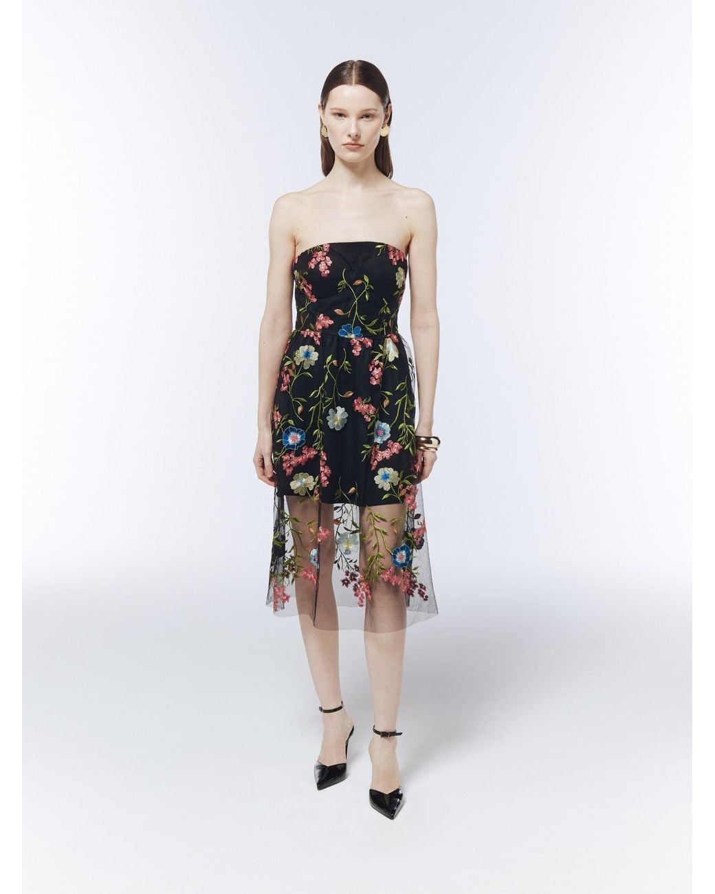 Sour Figs Black Floral-Embroidered Strapless Midi Dress