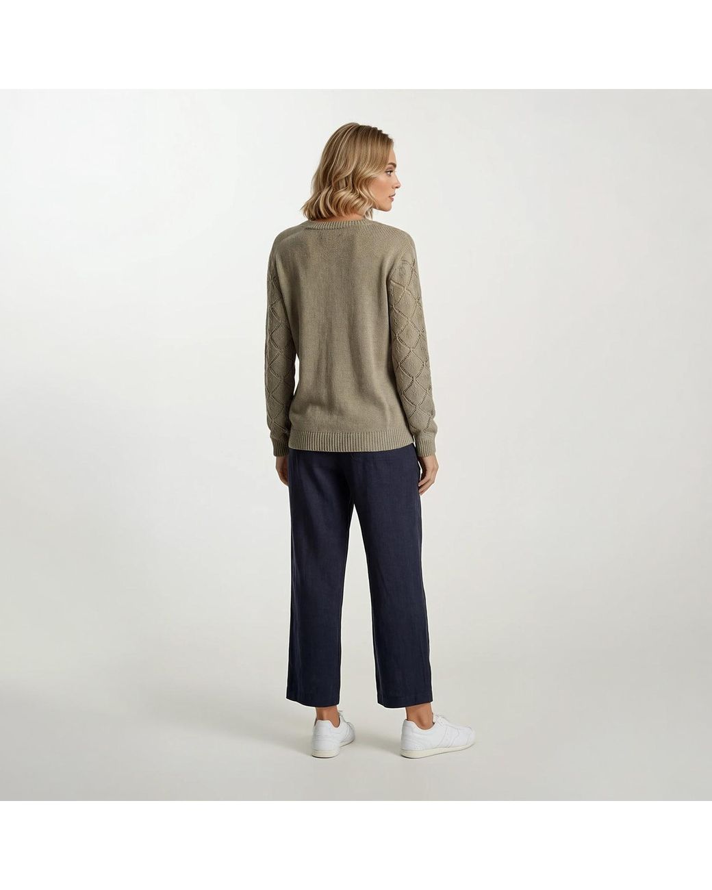 Haris Cotton Green Knit Sweater With Embroidered Sleeves Sage