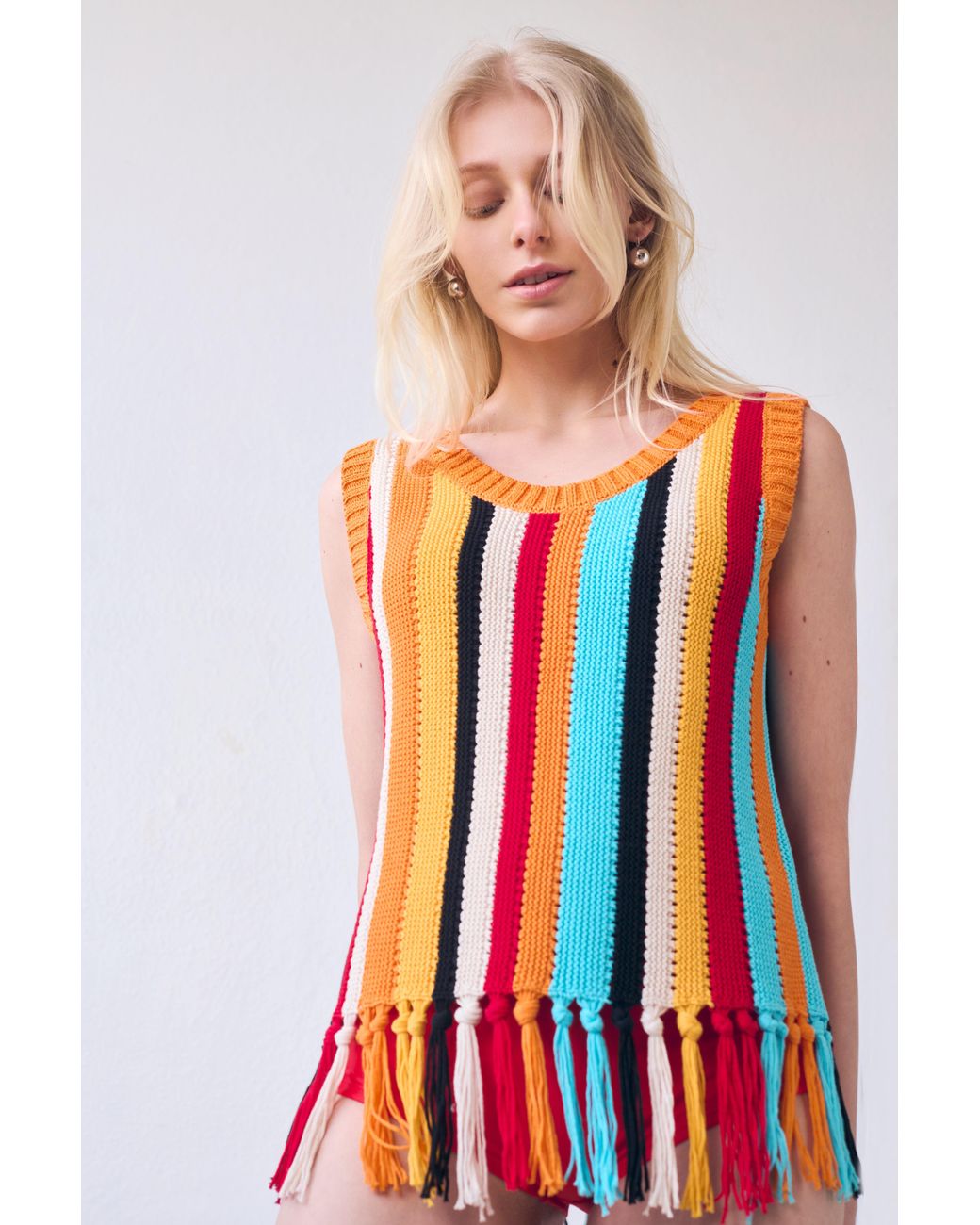 Gigi Knitwear Orange Naia Stripe Fringe Tanktop