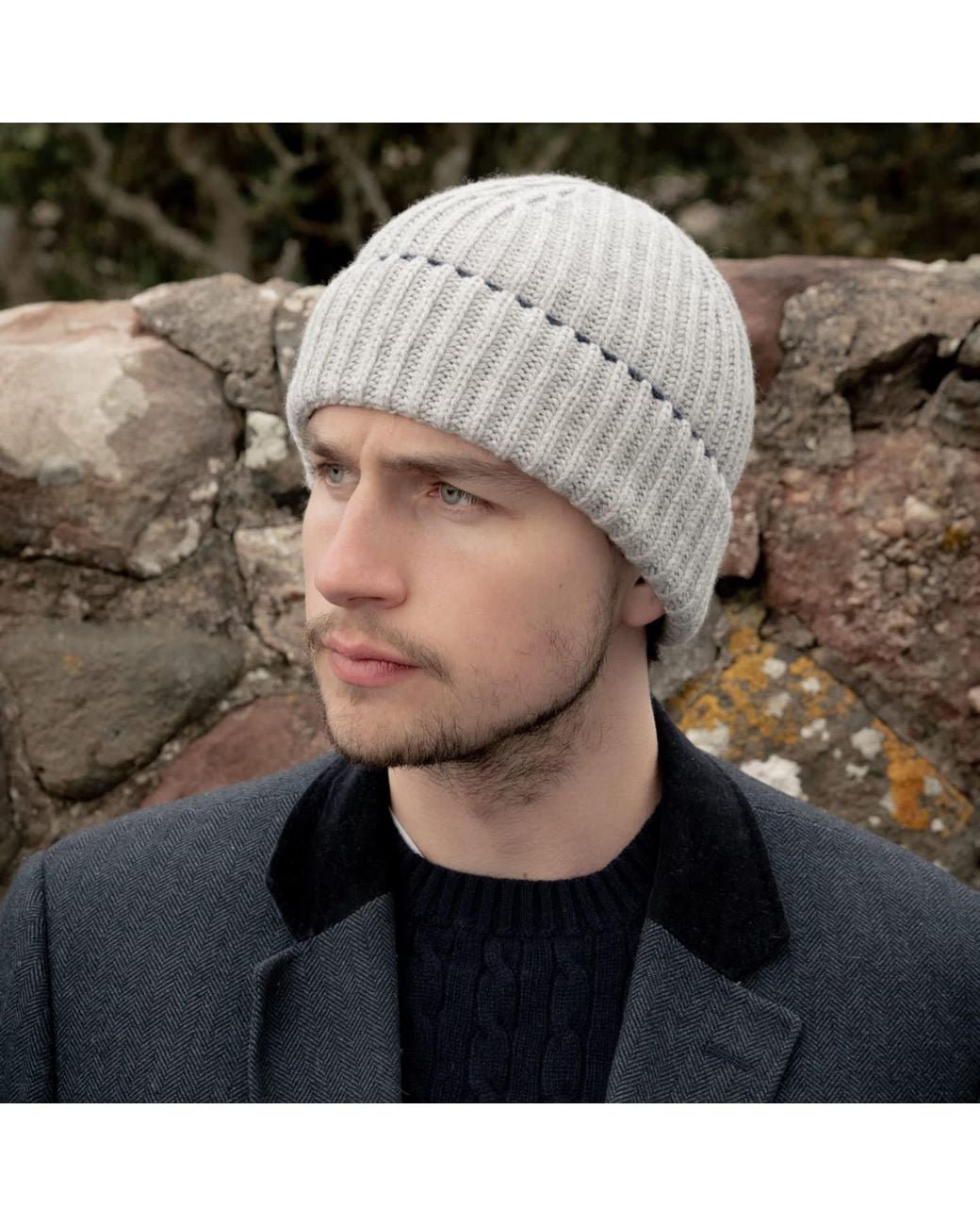 Kinalba Gray Gents Light Chunky Ribbed Cashmere Beanie Hat for men