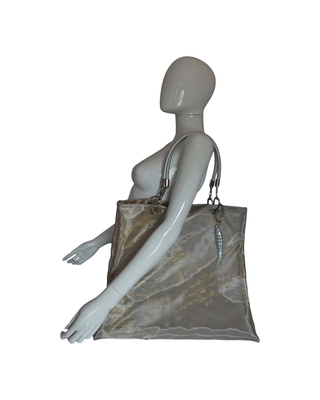 Romer Millinery Gray Metallic Mesh Beach Tote With Fish Charm