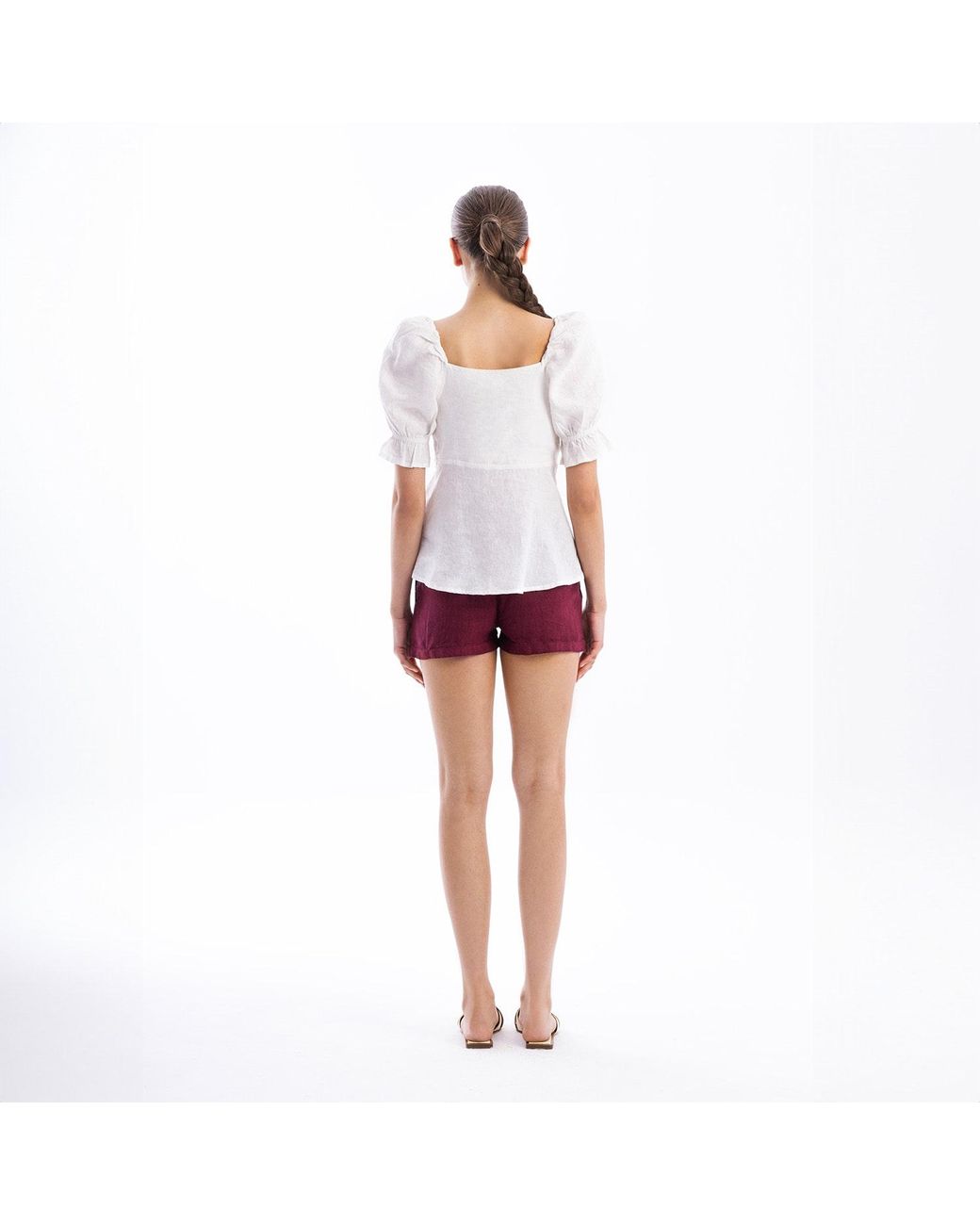 Haris Cotton White Linen Peplum Top With Puff Sleeves