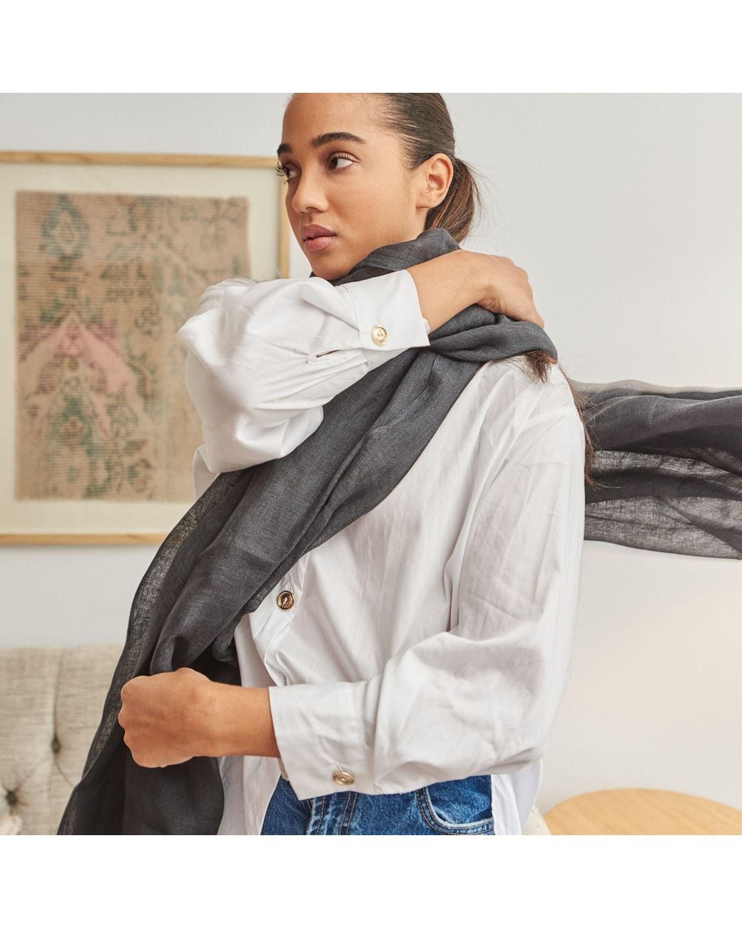 Variously Blue Charcoal Dark Hand Woven Soft Linen Silk Blend Scarf