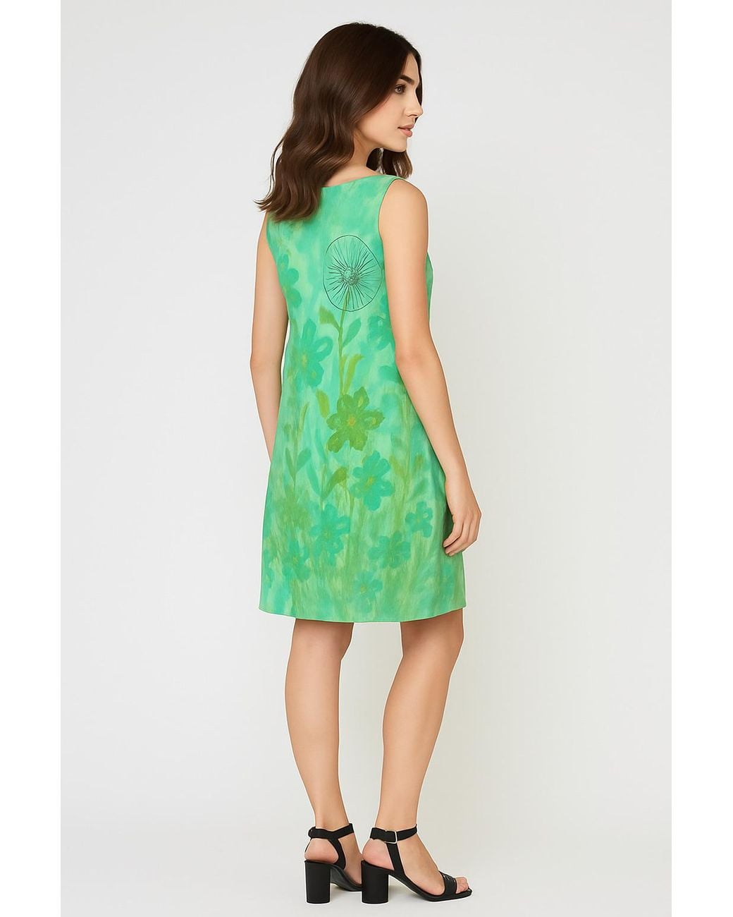 Conquista Green Floral Light Voile Sleeveless Dress With Pockets