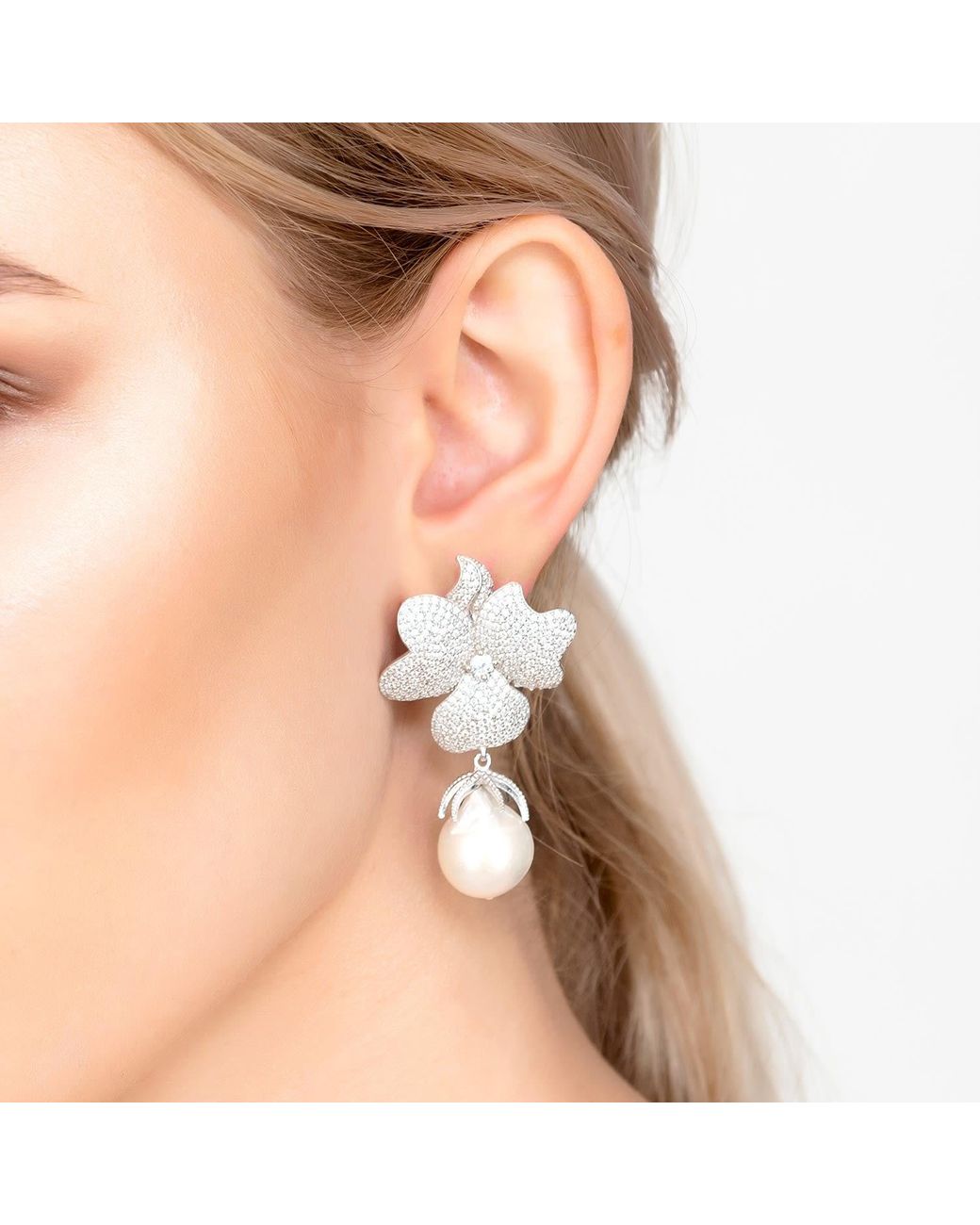 Latelita London Metallic Baroque Pearl Flower Clip On Drop Earrings