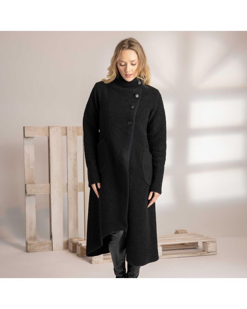 Nikka Place Black Wool Asymmetrical Wrap Cardigan Coat With Buttons And Pockets