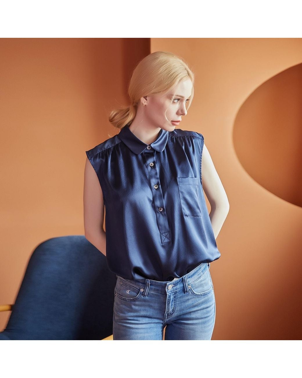 Soft Strokes Silk Blue Pure Silk Pointed Peter Pan Collar Sleeveless Blouse