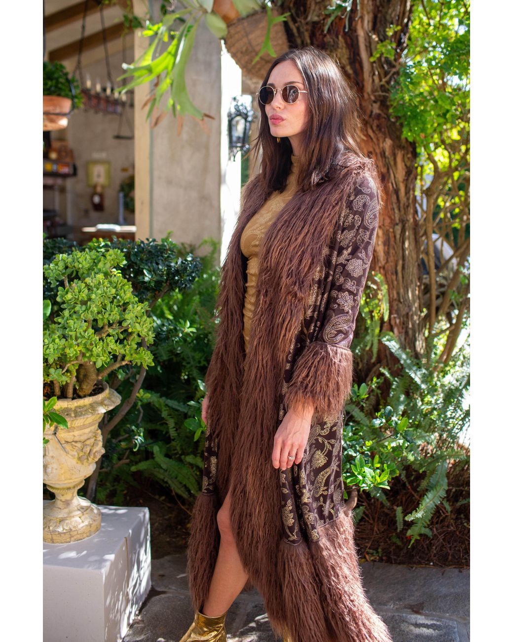 Jennafer Grace Brown Penny Deluxe Filigree Morena Faux Fur Trim Coat