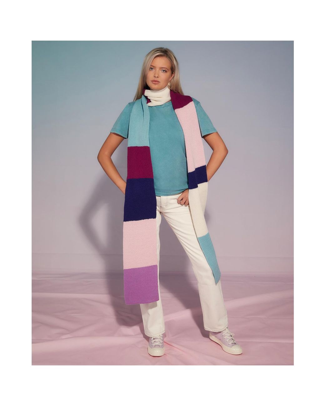 INGMARSON Purple Ribbed Colour Block Wool & Cashmere Scarf Long