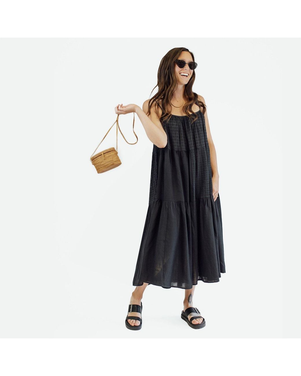 Zenzee Black Cotton Linen Tiered Patchwork Slip Dress