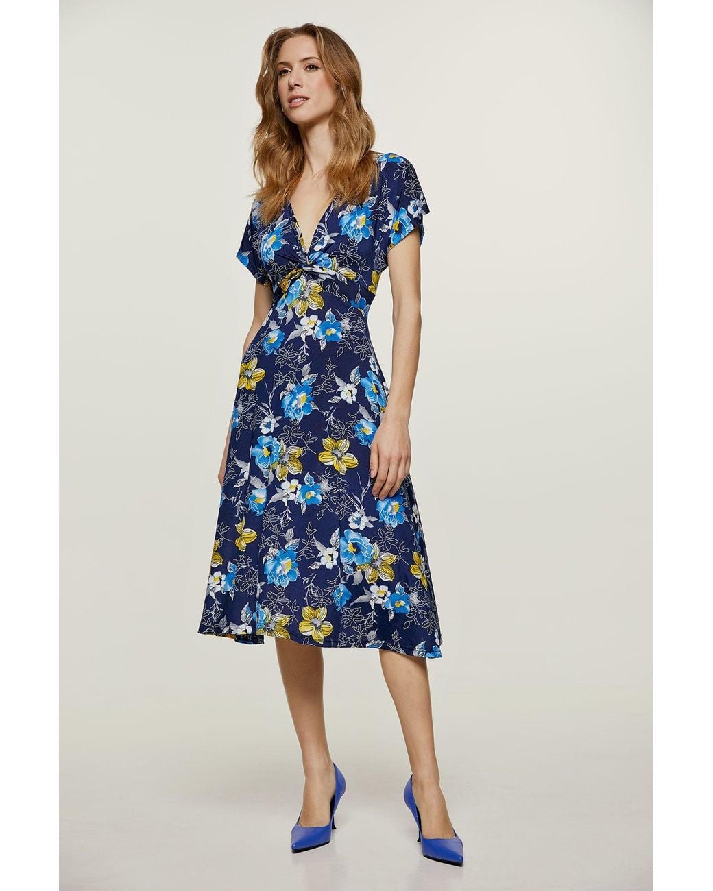 Conquista Blue Print Knot Detail Midi Dress