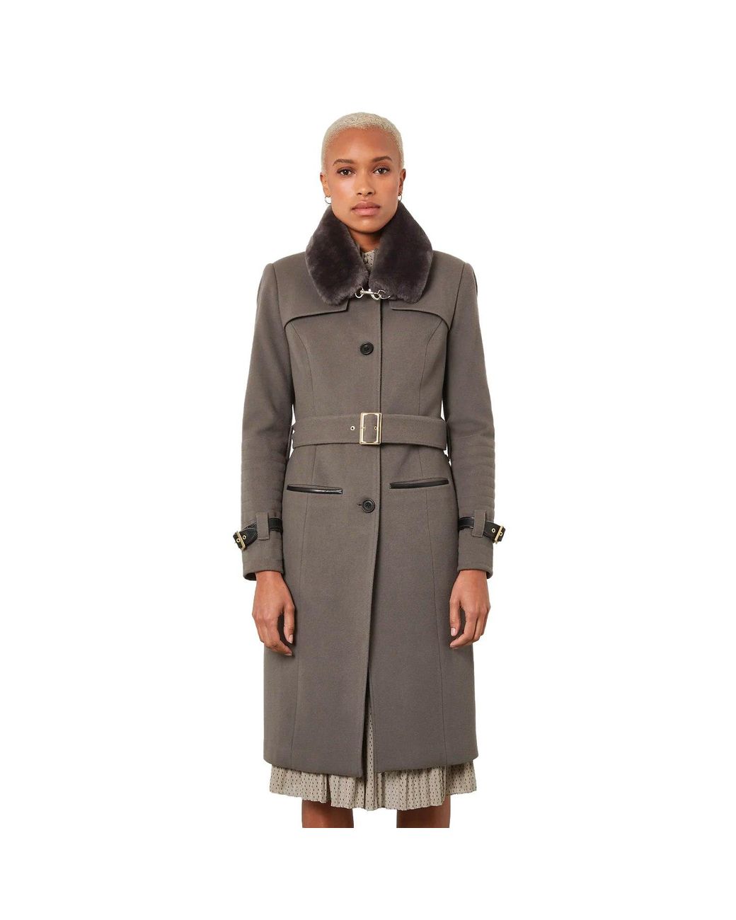 SEREN LONDON Brown Single-Breasted Detachable Fur Collar Coat