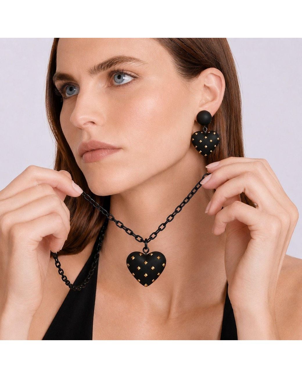 Michael Nash Jewelry Black Lavinia Matte Resin Studded Heart Drop Earrings