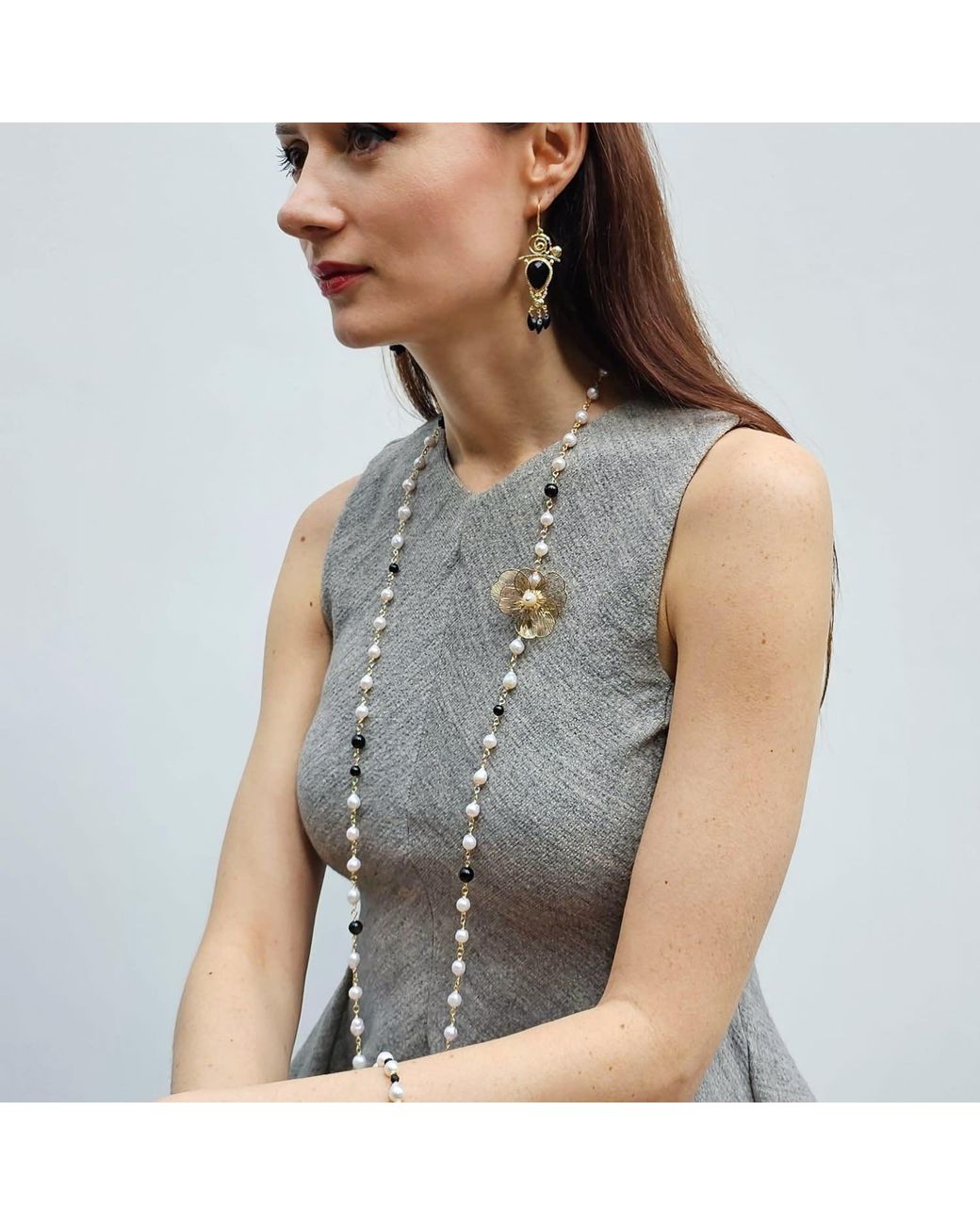 Farra White Freshwater Pearls And Obsidian With Flower Charm Long Necklace