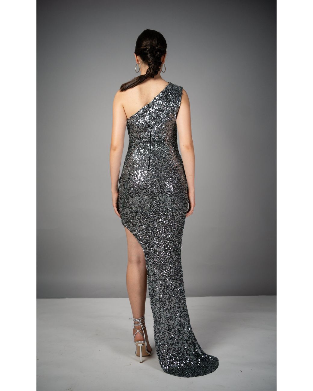 Monice London Gray Mimi One Shoulder Asymmetric Sequin Dress- Gunmetal