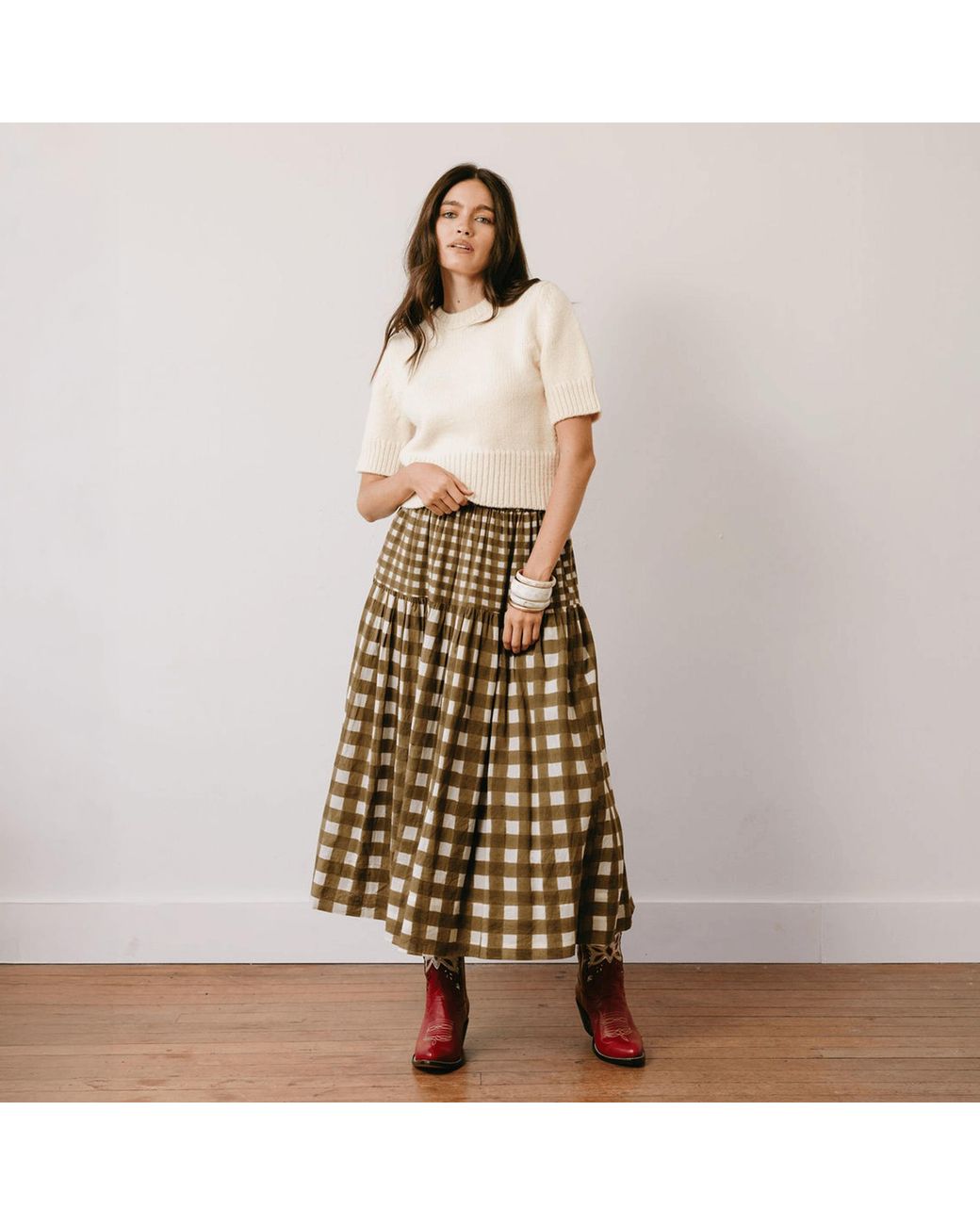 SUNSHINE TIENDA Natural Painted Gingham Colette Skirt