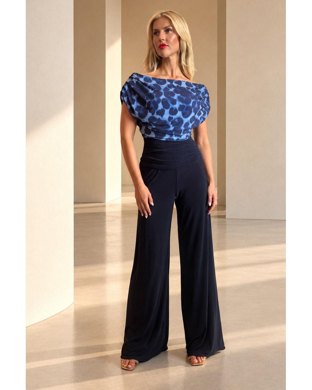 Atom Label Blue Carbon Bardot Wide Leg Jumpsuit