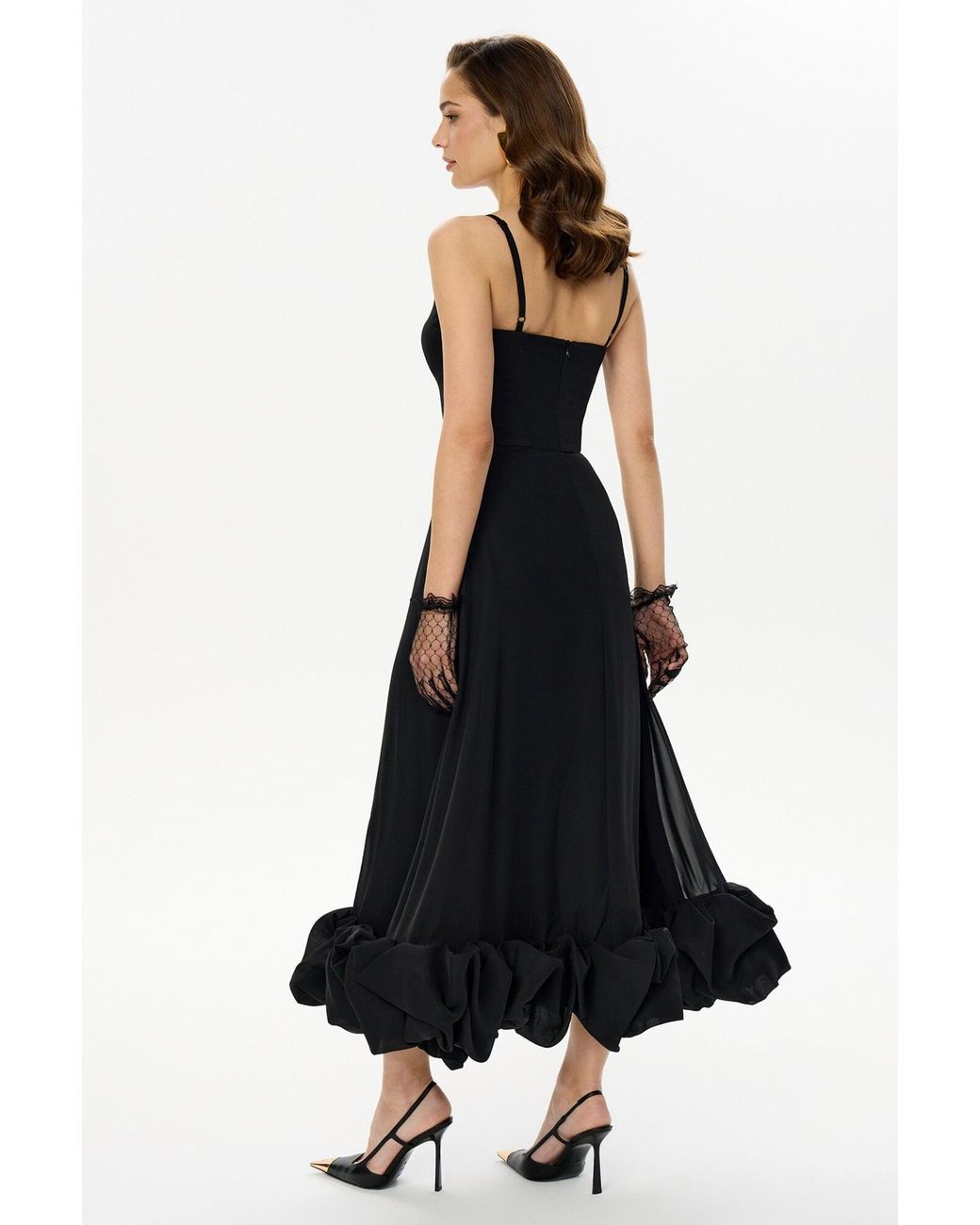 POST MERIDIEM Black Flounce Bustier Midi Dress