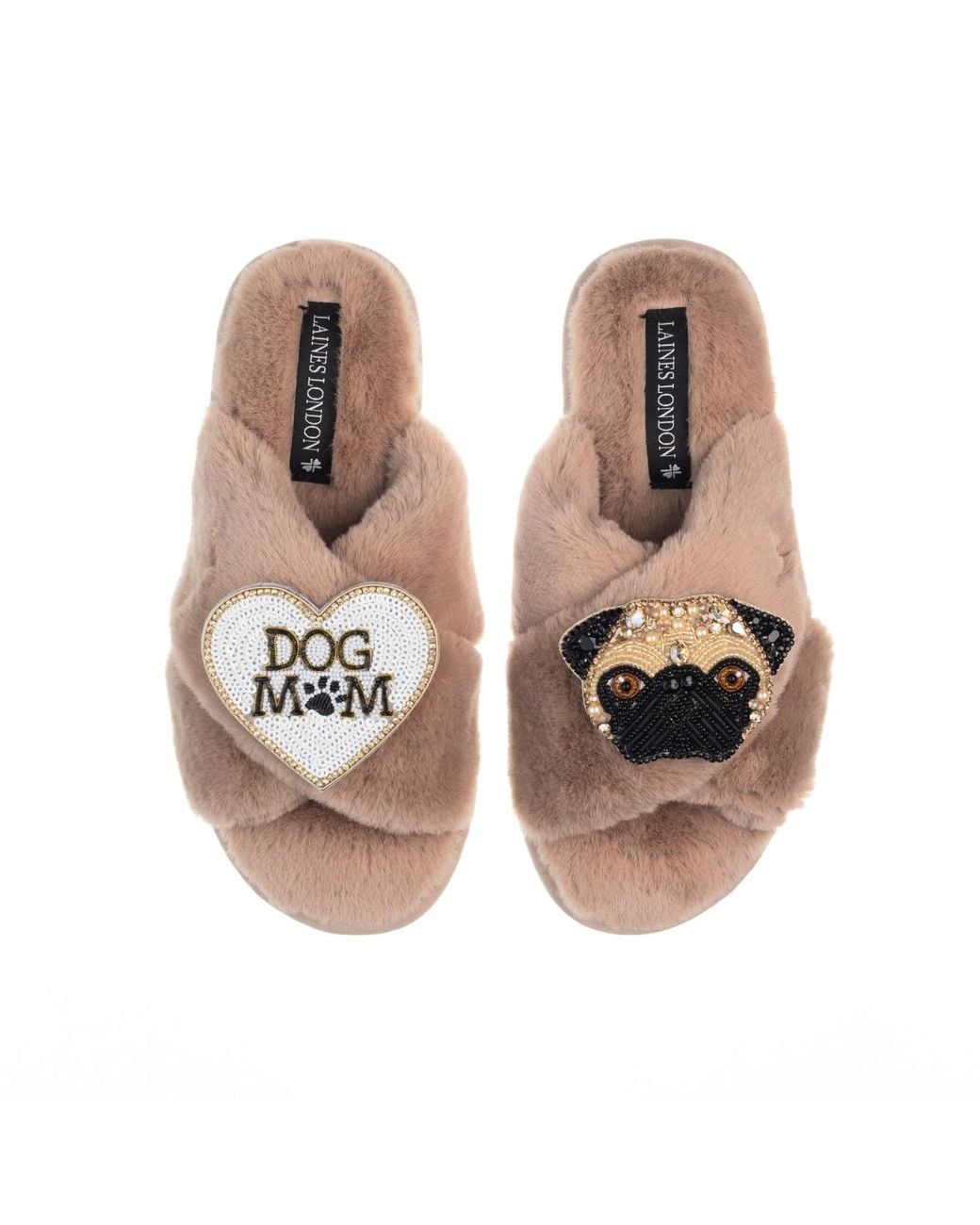 Laines London Brown Classic Laines Slippers With Franki The Fawn Pug & Dog Mum Mom Brooches