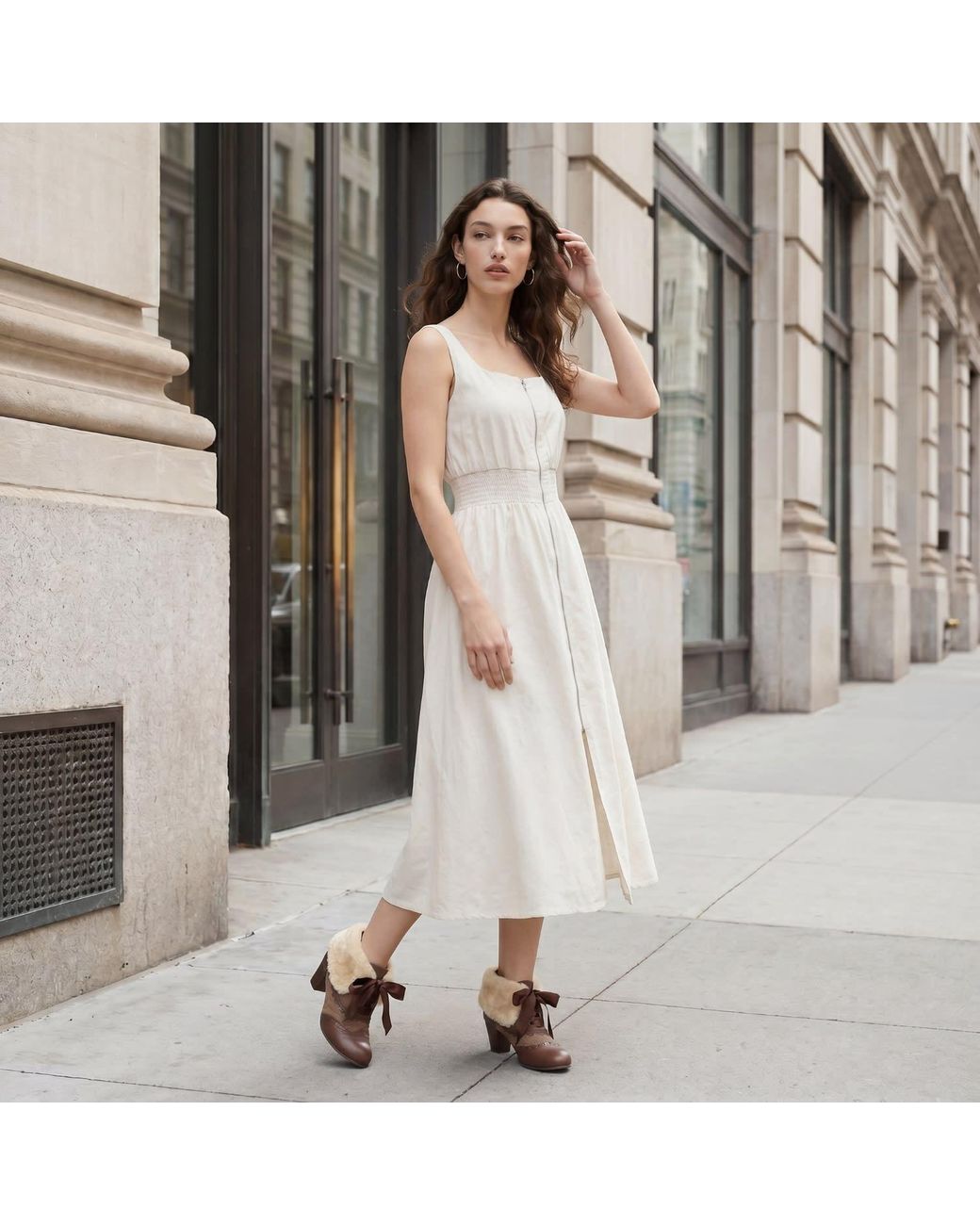 Modenaire White Neutrals Smocked Midi Dress Refined Slit