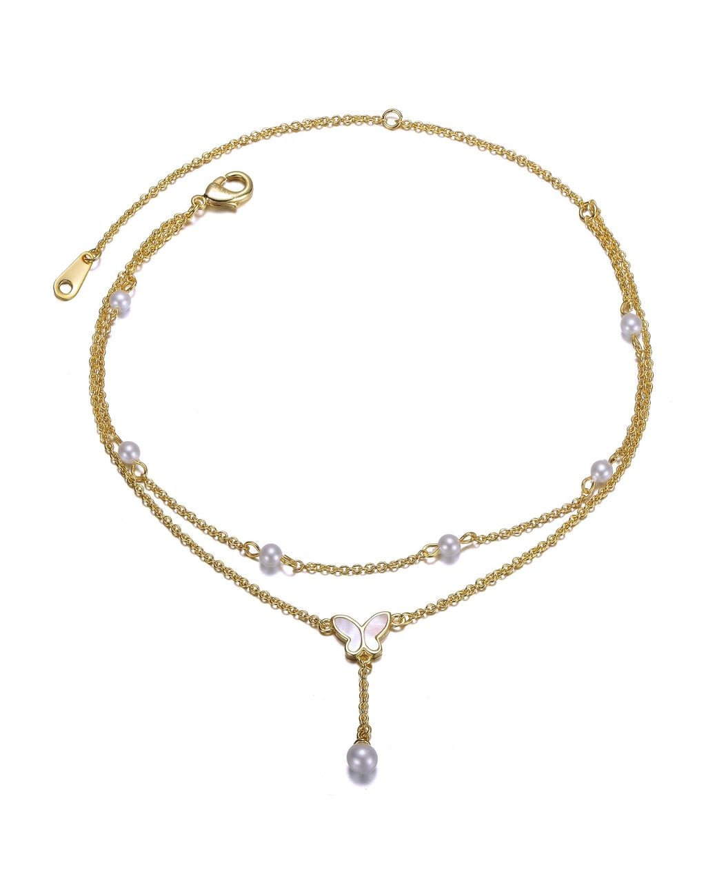 Genevive Jewelry Metallic Sterling Plated With Double Layer Pearl & Butterfly Anklet