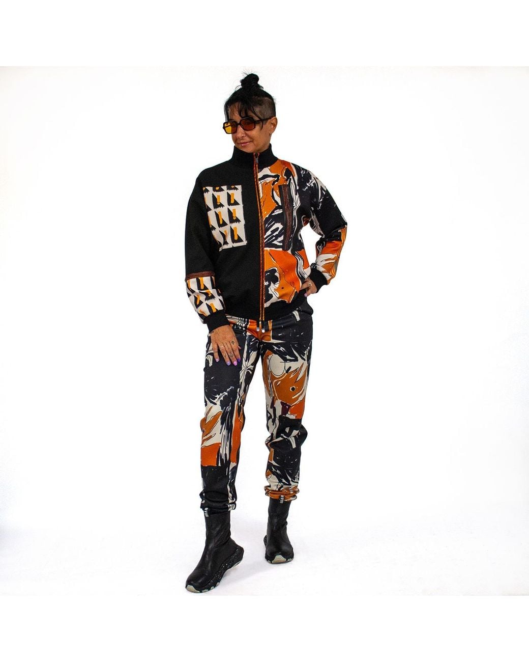 Lalipop Design Track Pants With Abstract Print Front & Black Vegan Leather