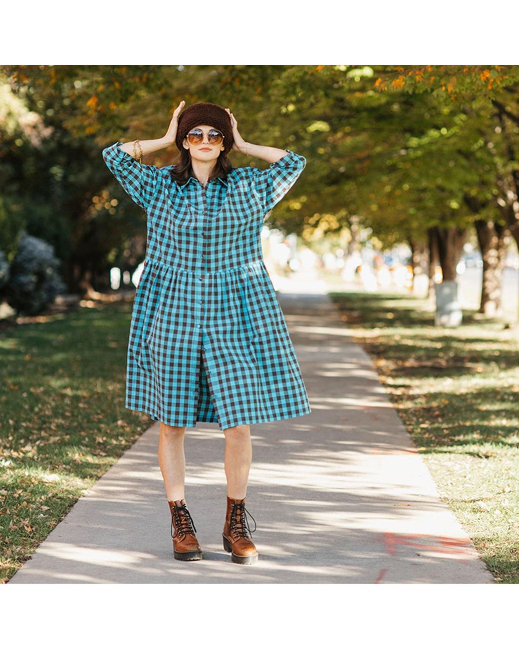 Zenzee Blue Cotton Linen Gingham Shirt Dress