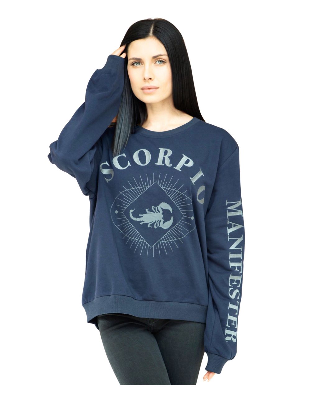 Miracles Manifester Blue Oversized Embroidered Scorpio Sign Sweatshirt