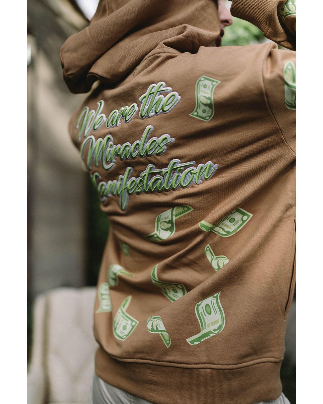 Miracles Manifester Gray Manifestation Embroidered Hoodie With Rhinestone Design