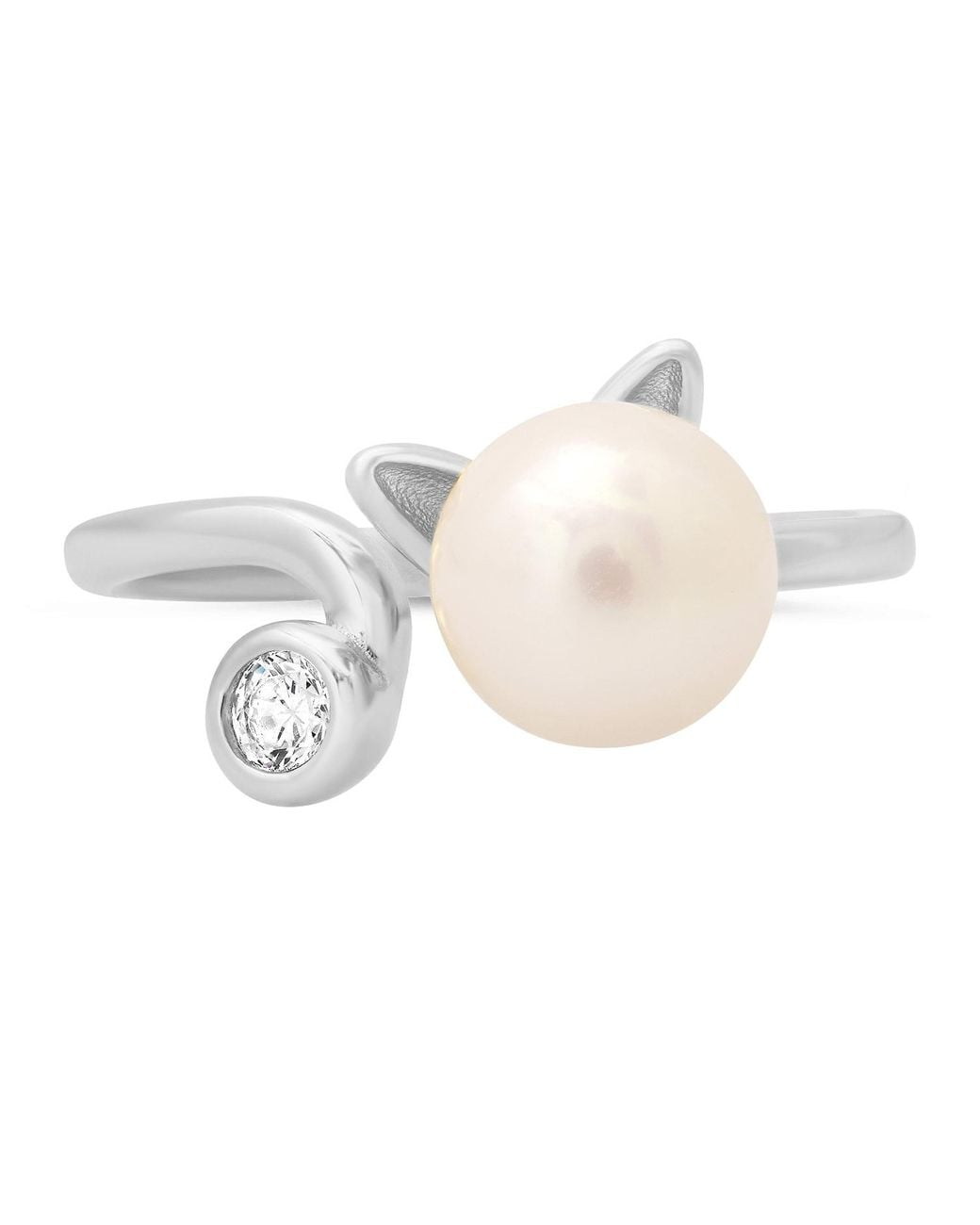 Kylie Harper White Sterling Kitty Cat Pearl & Diamond Cz Ring