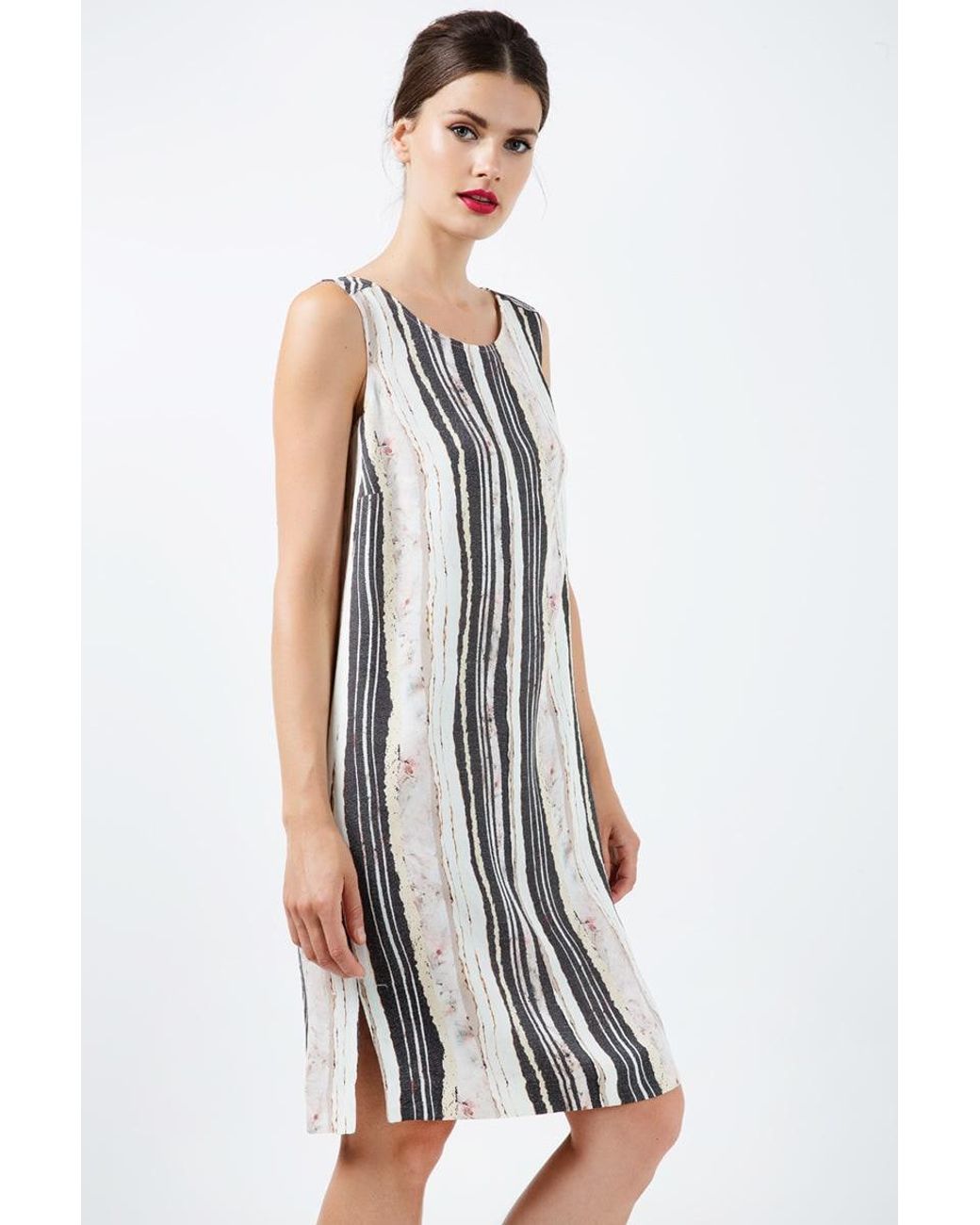 Conquista Gray Striped Straight Dress With Belt