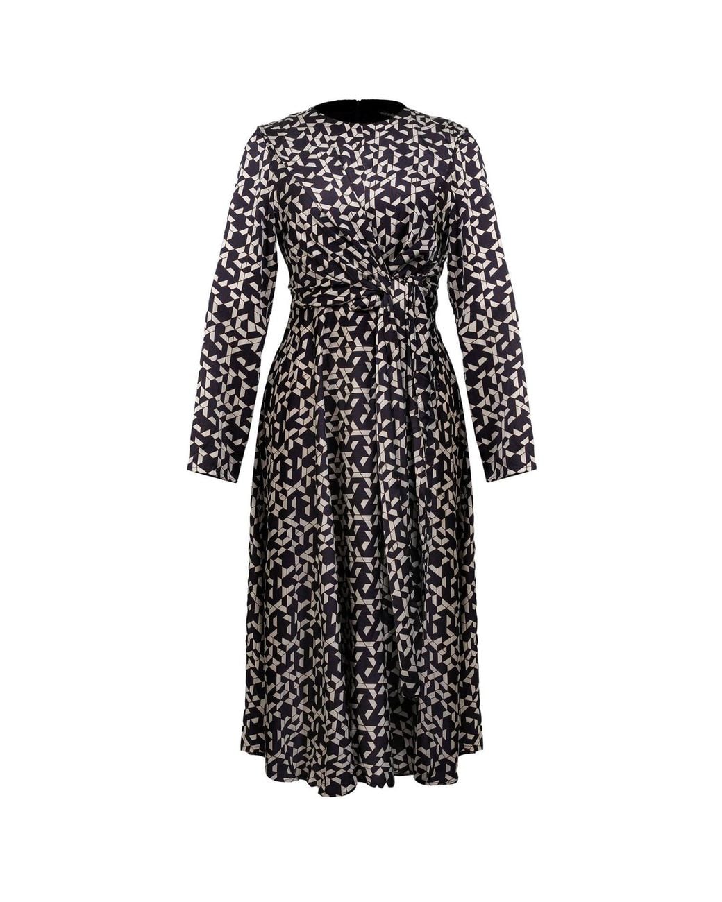 Smart and Joy Black Flared Printed Satin Dress With Side Knotted Panel