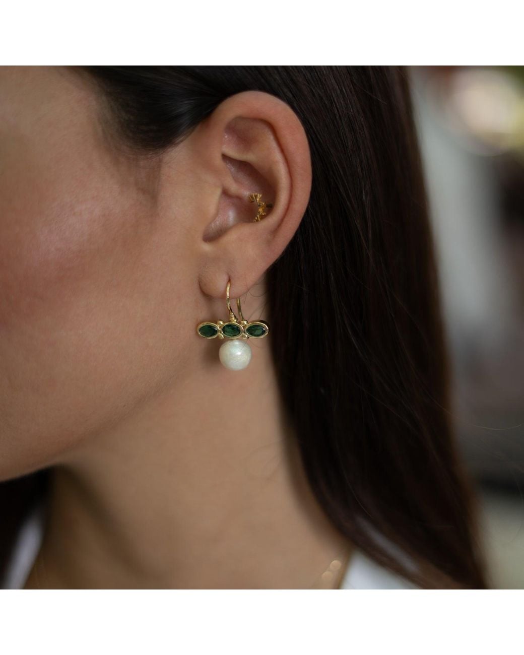 Ebru Jewelry Metallic Royal Emerald Pearl Drop Earrings