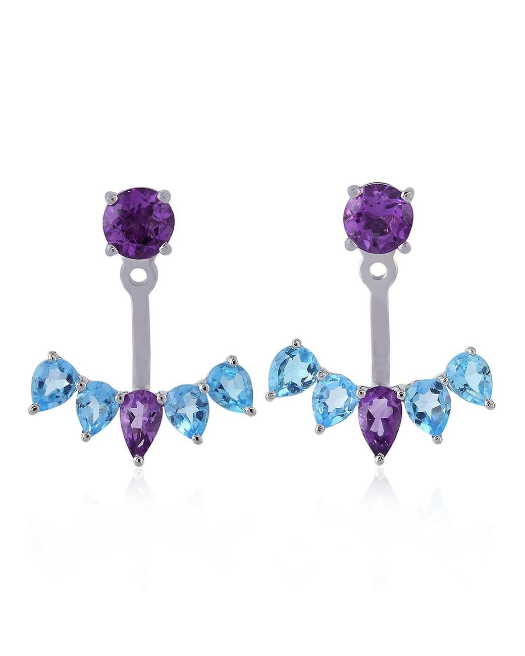 Artisan Purple Blue Topaz Amethyst Designer Ear Jackets 14k White Gold Handmade Jewelry