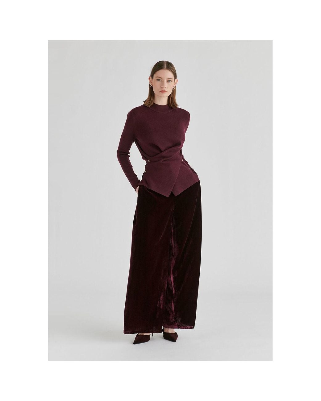 Paisie Purple Wrap Front Knit Top With Mock Neck And Button Detail