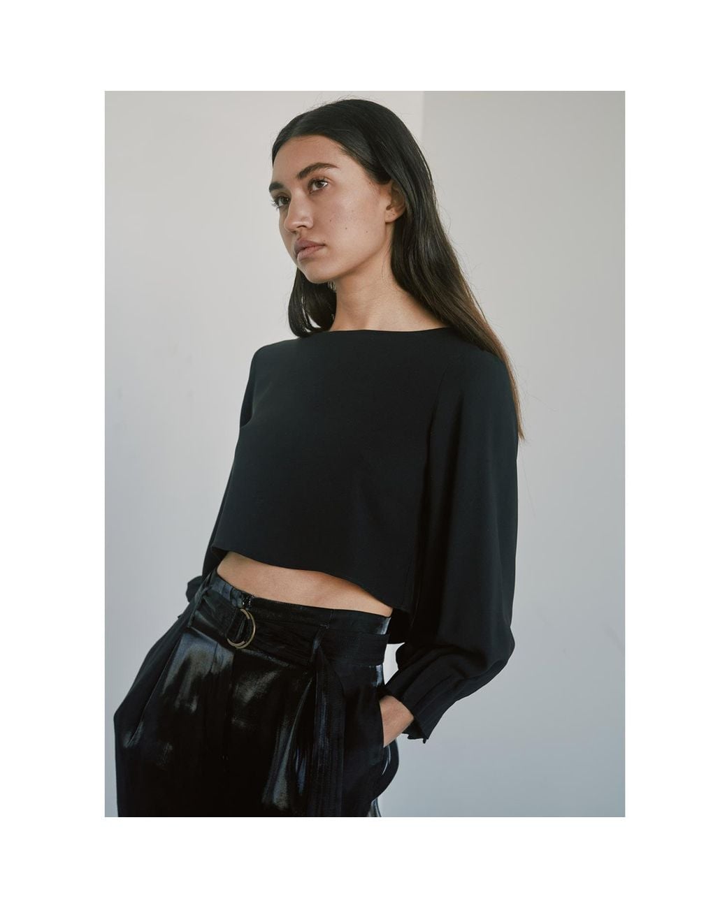 Monzlapur New York Blue Cropped Silk Top With Pleated Cuffs & Crystals