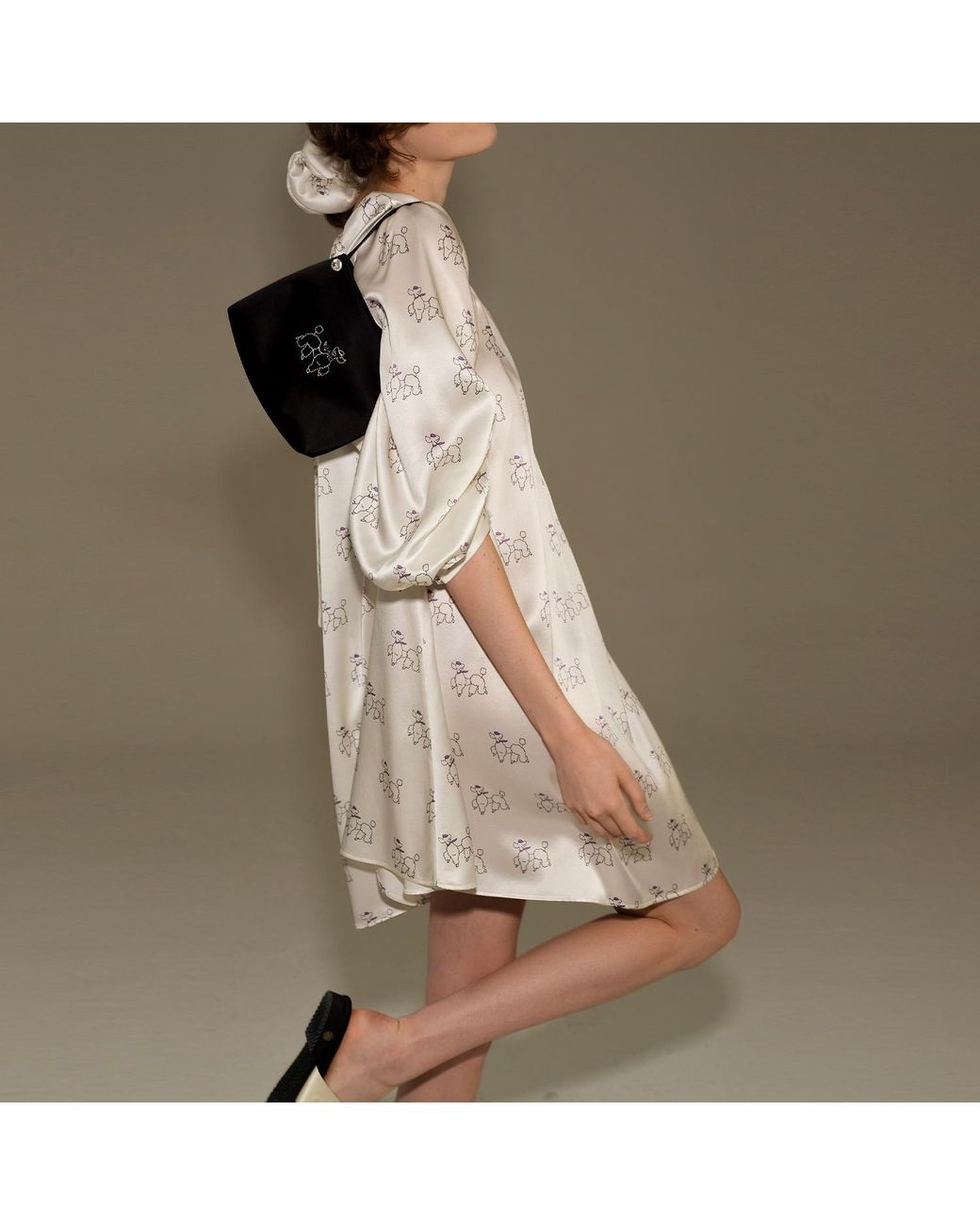 NOT JUST PAJAMA White Diamond Poodles Silk Puff Sleeve Dress