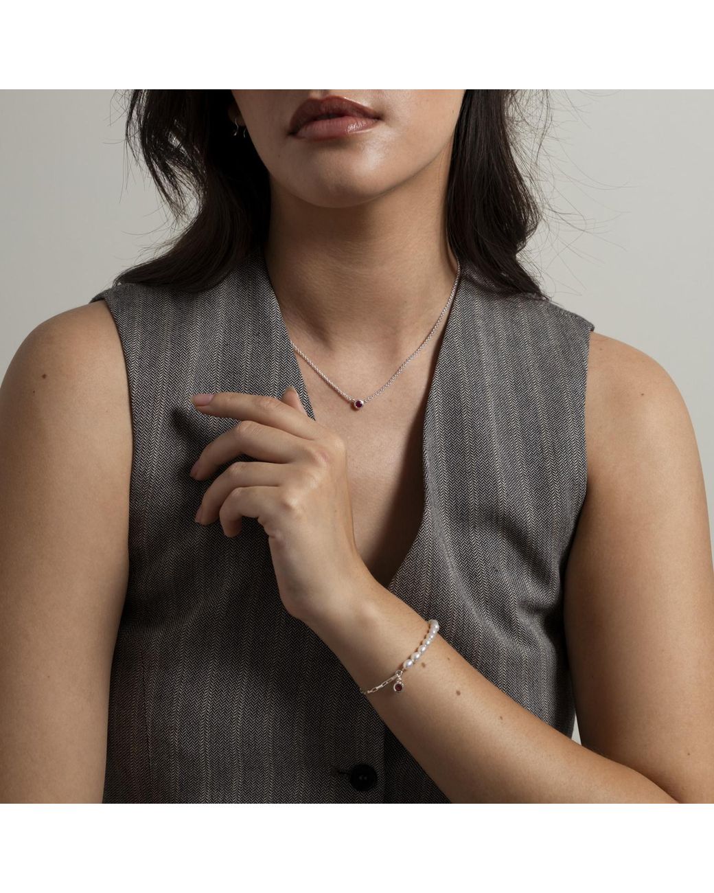 Dower & Hall White Luna Pearl & Garnet Charm Bracelet