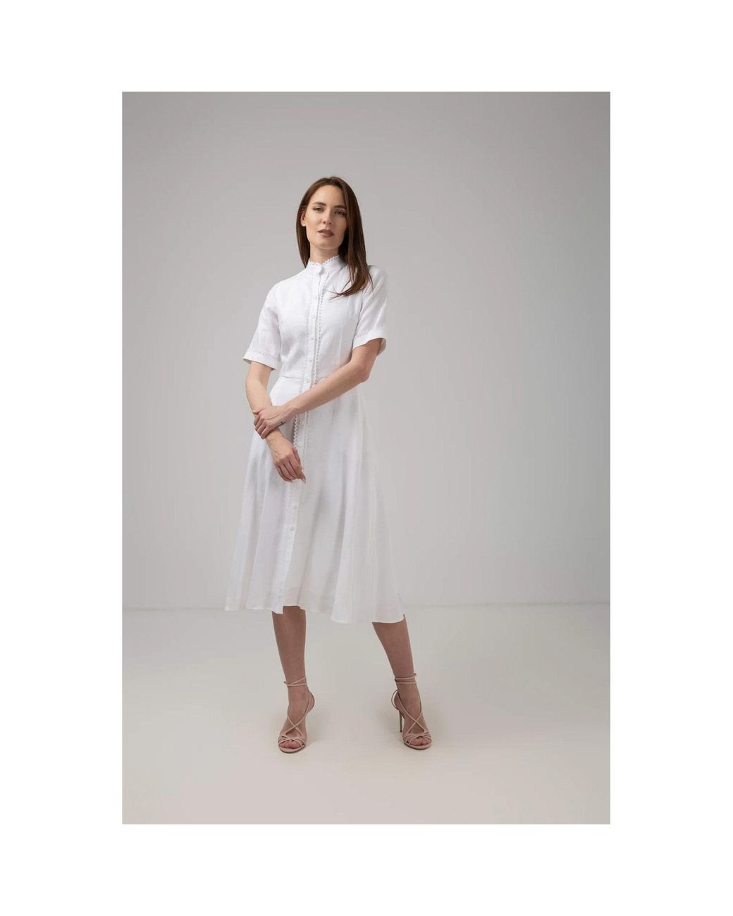 IZABELA MANDOIU Gray Elegant Linen Lace Trim Midi Dress