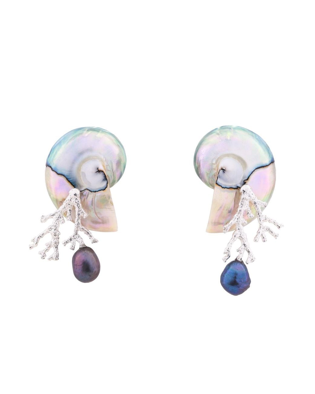 Oana Savu Metallic Nautilus Shell Sterling Coral Branch Ear Studs Earrings
